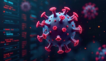 A digitally rendered image of a virus, showcasing its structure with red spikes against a dark background filled with data.