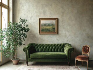 Classic Living Room with a Framed Landscape Painting
