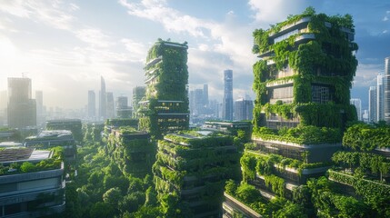 Obraz premium A modern cityscape with futuristic buildings covered in green plants, showcasing the integration of technology and eco-friendly architecture.
