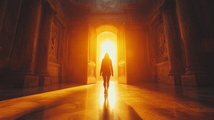 A person is walking through a large