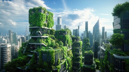 Obraz premium A modern cityscape with futuristic buildings covered in green plants, showcasing the integration of technology and eco-friendly architecture.