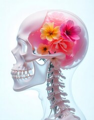 A transparent skull filled with colorful flowers, symbolizing the blend of nature and human anatomy in a creative and artistic representation.