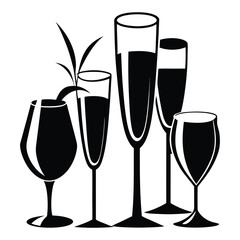 Set Of Drinks Glass And Champagne Glasses Black And White Silhouette Vector Illustration
