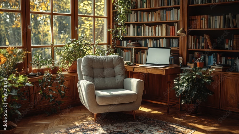 Poster A cozy home office with a large window, a comfortable armchair, a wooden desk with a laptop, and bookshelves filled with books.