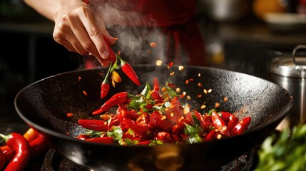A chef adding fresh chili peppers to a sizzling stir-fry in a wok, showcasing the excitement and intensity of cooking authentic Thai dishes.