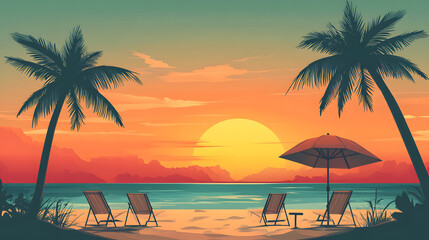 Obraz premium Tropical Sunset Beach Scene with Palm Trees and a Sailboat