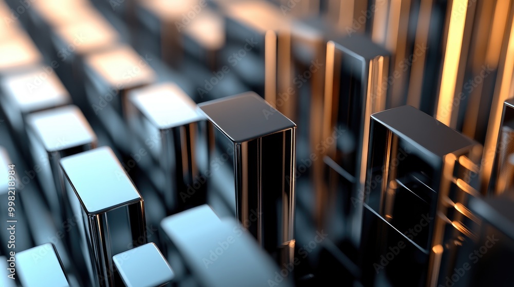 Poster a close-up of a 3d bar chart displaying financial data with metallic bars, showcasing different metr