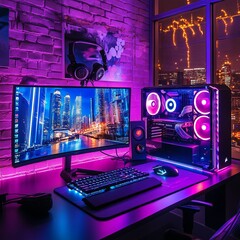 Desktop workstation modern style with RGB neon LED light, latest technology graphic card GPU and top notch PC