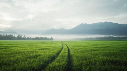 Tranquil Green Field with Mountain View
