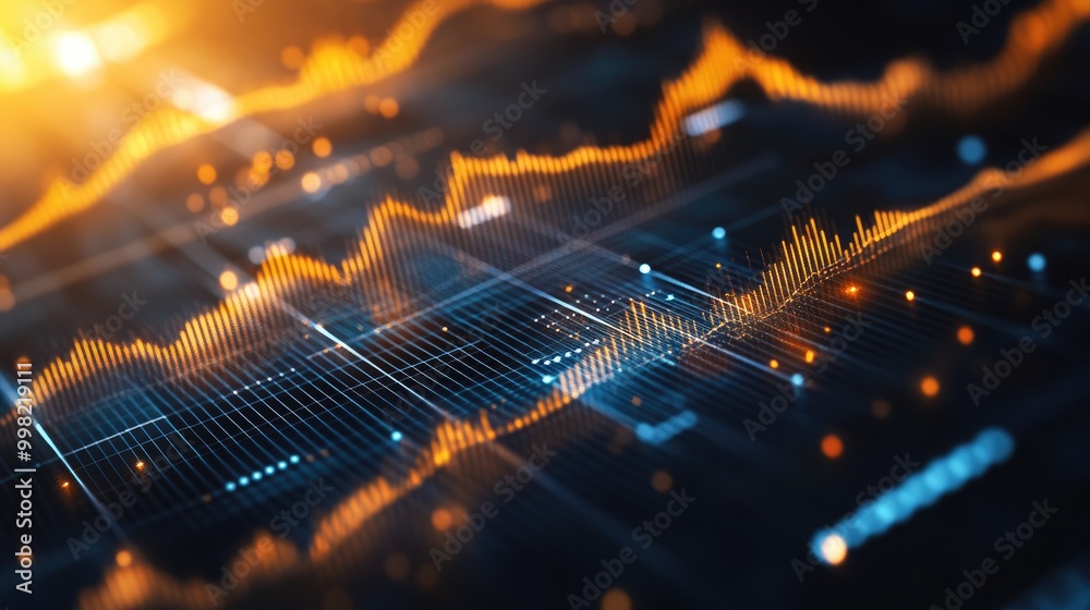 Poster a close-up of a 3d financial graph with light reflections and shadows, illustrating the depth and co