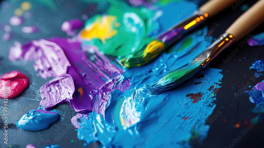 Poster a vibrant palette showcases bright paint splashes alongside paintbrushes on a textured canvas, invit