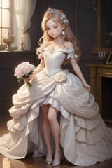 Fototapeta premium Chibi wedding Princess Holding a Bouquet Portrait