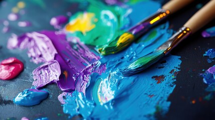 Fototapeta premium A vibrant palette showcases bright paint splashes alongside paintbrushes on a textured canvas, inviting artistic creativity and expression. Generative AI