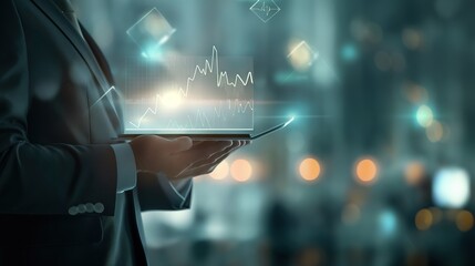 Businessman in suit holding digital screen with rising healthcare investment graph, symbolizing growth and financial success in medical sector.