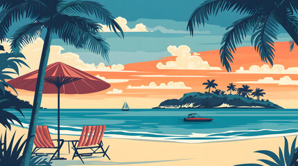 Tropical Sunset Beach Scene with Palm Trees and a Sailboat