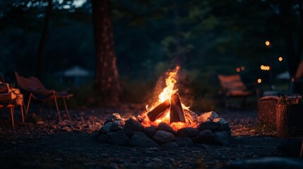 A fire is burning in a pile of rocks, with a couple of chairs nearby