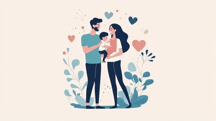 A man and woman holding a baby in a garden with hearts in the background