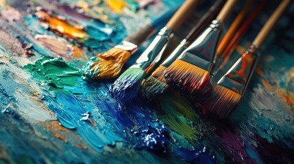 Obraz premium Bright splashes of color adorn the artist’s palette, while paintbrushes lie on the canvas, capturing the essence of creativity. Generative AI