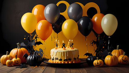 Halloween-themed background featuring spooky ghost-shaped balloons pumpkins and Halloween elements