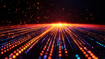 Futuristic Digital Landscape with Glowing Dots and Light Rays