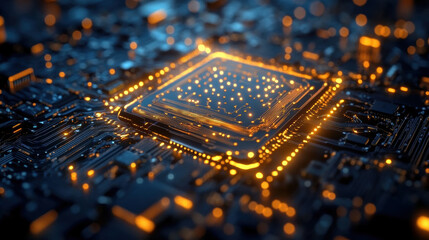 Futuristic Microchip with Glowing Circuit Board in Dark Background