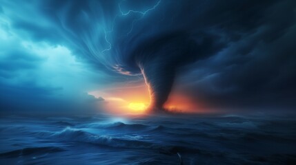 A powerful tornado forms over a stormy sea at sunset.