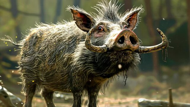 A wild boar with large tusks stands in a forest, looking directly at the camera