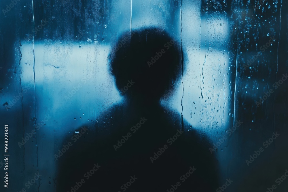 Poster a lone person stands by a window, observing raindrops descend the glass while enveloped in a melanch