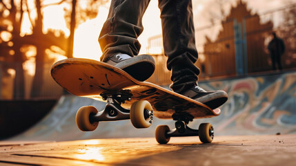 Skateboarder performing a trick at sunset in a skatepark.