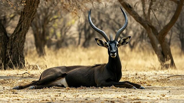 A sable antelope lies in the dry grass of an African savanna
