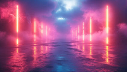  Vibrant neon lights forming an isometric triangle, casting reflections on wet surfaces in the dark room. Created with Ai