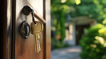 A golden key is hanging from a door handle