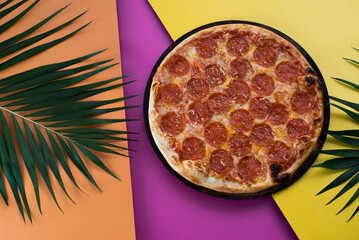 Pepperoni Pizza on Colorful Neon Background with Palm Leaf