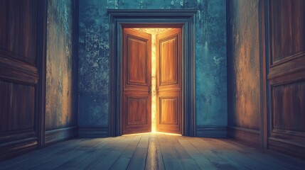 A room with a door that is open and a light shining through it