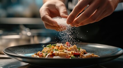 A close-up shot of a chef sprinkling coarse sea salt over a beautifully plated dish, emphasizing the importance of seasoning in enhancing flavor and presentation.