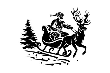 Fototapeta premium Santa Claus riding a sleigh pulled by a reindeer, with a Christmas tree in the background. Black and white illustration on a white background. Holiday season concept