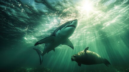 Fototapeta premium Sharks and Seals Underwater in Sunlit Ocean Scene