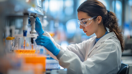 Scientist conducting experiments in a laboratory, wearing protective gear and focusing on tests