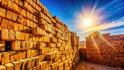 Fototapeta premium Natural adobe bricks basking in sunlight, highlighting their earthy tones and rustic texture. These sturdy construction materials showcase the beauty of timeless craftsmanship.