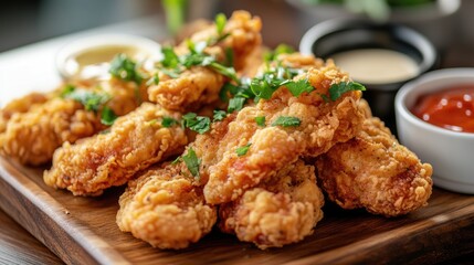 A close-up shot of crispy fried chicken pieces arranged on a wooden platter, garnished with fresh herbs and served with dipping sauces, showcasing mouthwatering textures.