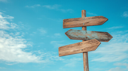Old wooden signs on a blue sky - concept of different goals in life