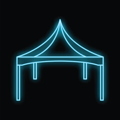 Blue glowing neon sign representing a tent for party or event on a black background