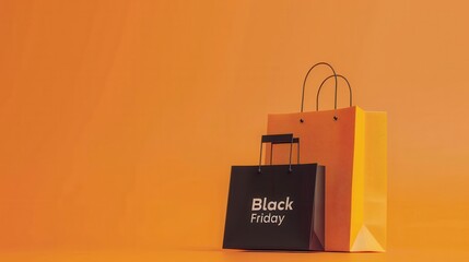 Modern Black Friday banner, orange background, "Black Friday" in black, small shopping bag symbol, clean text area. 