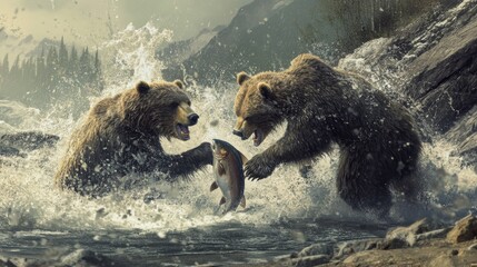 Bears Compete for Fish in Dynamic River Scene
