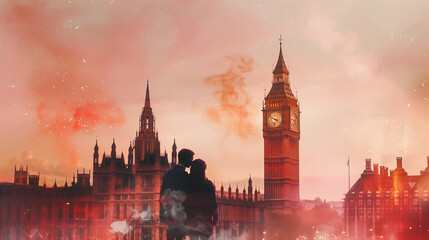 Fototapeta premium Couple embracing near iconic Big Ben at sunset.