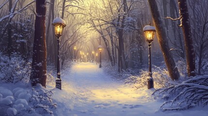 Snowy Forest Path with Illuminated Streetlamps