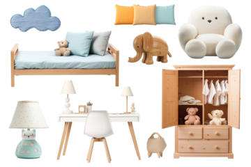 PNG cute kid bedroom furniture element set, transparent background