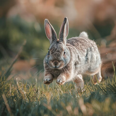 Fototapeta premium a gray loppy eared rabbit tuning wild on the grassland
