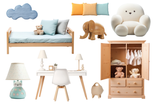 PNG cute kid bedroom furniture element set, transparent background
