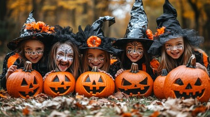 Fototapeta premium Halloween Celebrations with Witches and Pumpkins in an Autumn Forest Setting